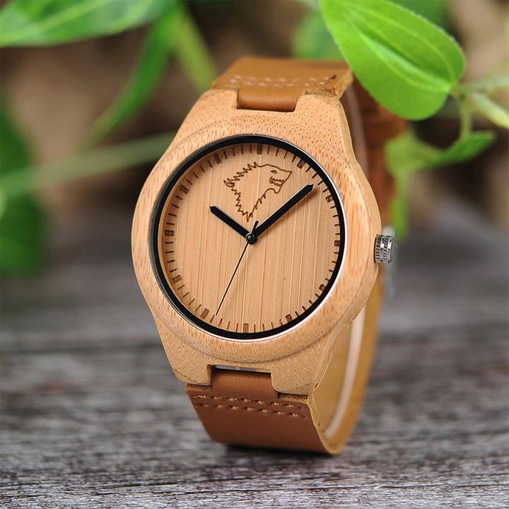 Actual product image Natura Punto Aparte watch made of bamboo with stylized wild animal, leather strap