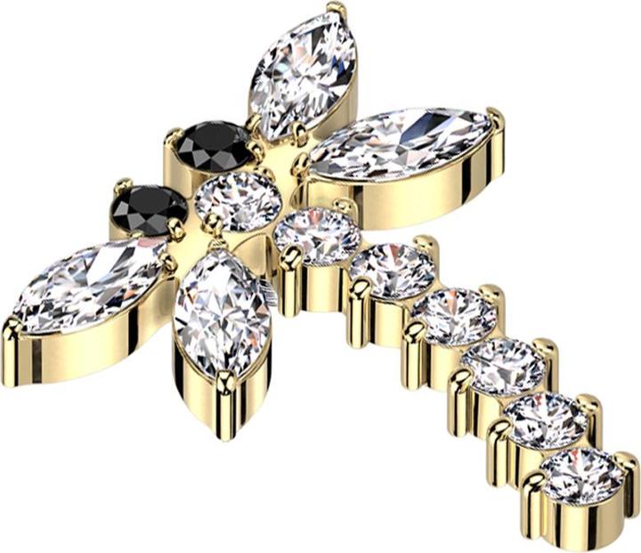Star Piercing Dermal Anchor Libelle vergoldet Kristalle silber (ohne Messing, Titan G23)