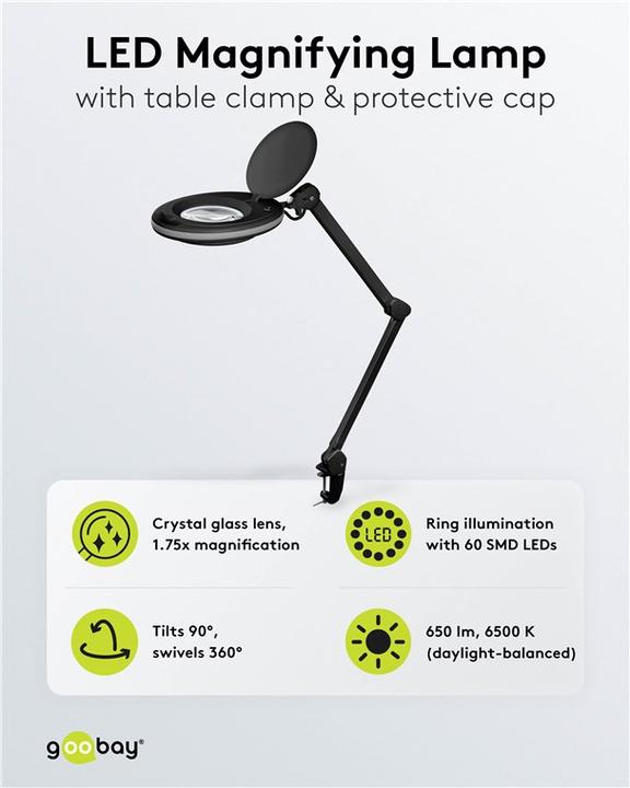 Image du produit Goobay Lampe loupe à pince à LED, 8 W, noire (650 lm)