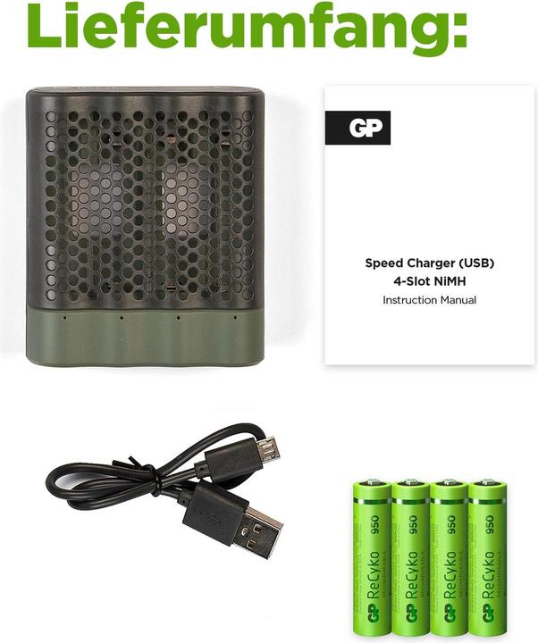 Actual product image GP Batteries ReCyko M451/100 4-Port USB Ladegerät inkl.4xAAA NiMh 950mAh (5 pcs., AAA, 950 mAh, Battery + charger)
