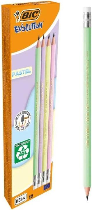 Produktbild Bic EVOLUTION PASTEL Bleistifte HB rosa, lila, grün, gelb mit Radierer, 10 St. (HB, 12 x)