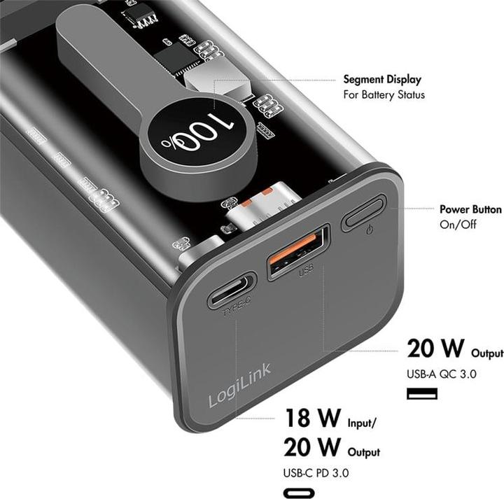 Produktbild LogiLink Powerbank 10000 mAh, 1x USB-A, 1x USB-C, mit Display, PD & QC, transp. (10000 mAh, 20 W, 37 Wh)