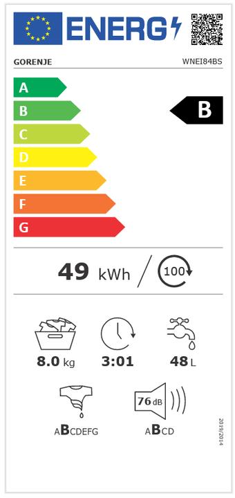 Energie-Label Gorenje WNEI84BS Washing machine, B, Front loading, 8 kg, 1400 RPM, Depth 54,5 cm, White (8 kg, Links)