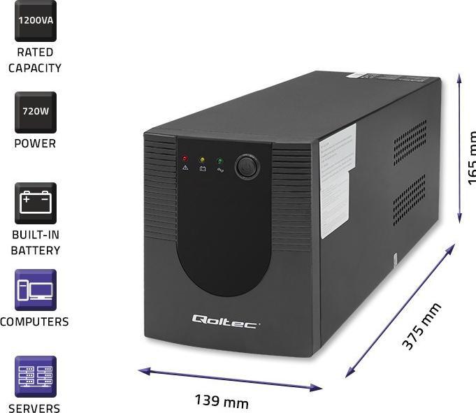 Image du produit Qoltec Zasilacz awaryjny UPS | Monolith | 1200VA | 720W (1200 VA, 720 W, Line-interactive Onduleur)