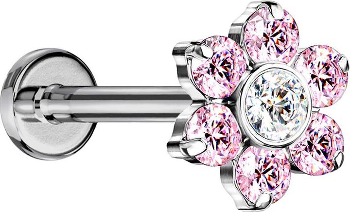 Star Piercing Micro Threadless Labret silber Blume Kristalle pink (ohne Messing, Titan G23)