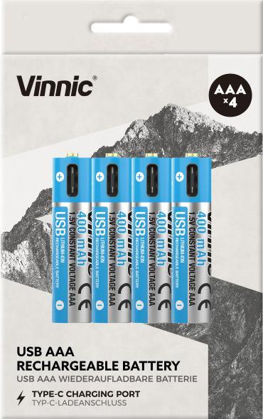Produktbild Vinnic Rechargeable Battery AA USB-C 400mAh 4pcs incl. Case&Charging Cable (4 Stk., AAA, 400 mAh)