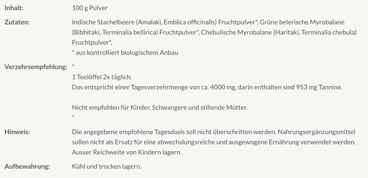 Nährwerte und Zutaten AyuCare Triphala Churna, Bio (1 Stück, Pulver, 100 g)