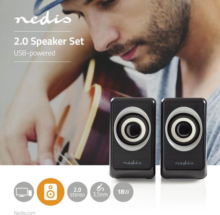 Produktbild Nedis PC-Lautsprecher 2.0 18 W Anschlüsse – Eingang: USB A Stecker / 1x 3.5 mm Stromversorgung über