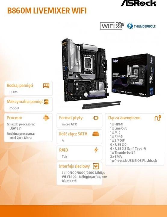 Productafbeelding AsRock B860M LiveMixer WiFi DDR5 Intel S kleinhandel (LGA 1851, Intel B860, mATX)