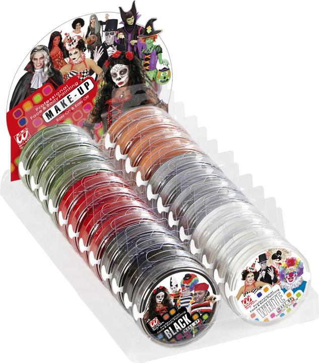 Produktbild Widmann 24 HALLOWEEN MAKE UP IN SCHALE Display Box (4 weiss, 4 schwarz, 4 rot, 4 silber, 4 grün, 4 orange)