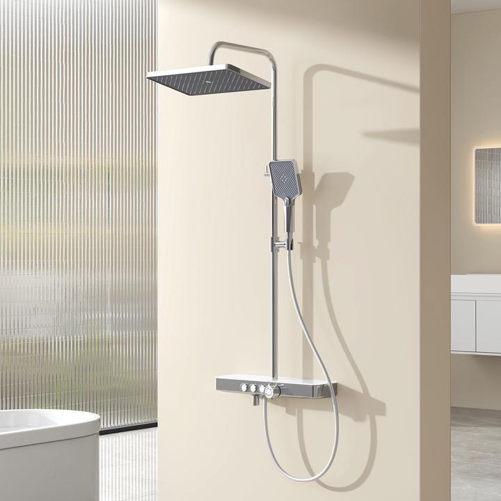 Actual product image Emke Thermostatic Shower System with Overhead Rain Shower, Hand Shower, and Lower Outlet, Chrome