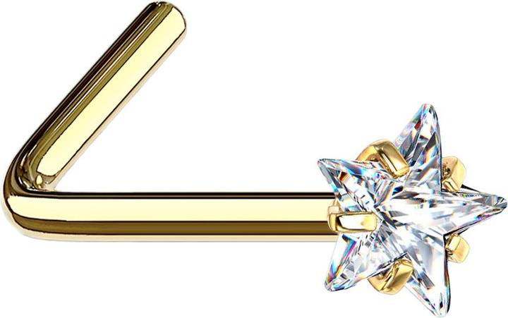 Star Piercing Nasenstecker gewinkelt vergoldet Kristallstern silber gefasst (ohne Messing, Chirurgenstahl 316L)