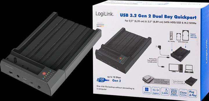 Actual product image LogiLink USB 3.2 Gen 2 Quickport, 2-port, for SATA HDD/SSD and M.2 NVMe SSD (2 Ports)