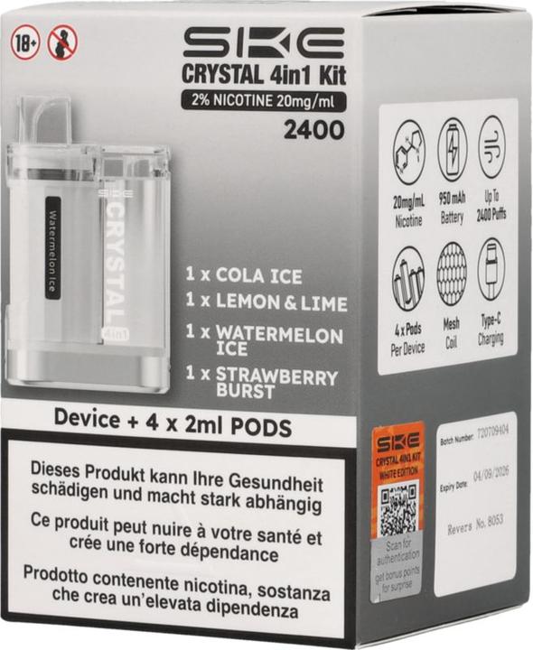 Produktbild SKE Crystal 4in1 Kit, 2 % Nikotin 20 mg/ml 2400 (Device + 4 x 2 ml Pods) (Cola)