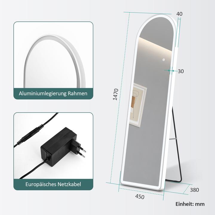 Produktbild Emke Bogen Standspiegel mit Beleuchtung, 3 Farbtemperatur, Rahmen aus Aluminium, 45*147cm, Weiss