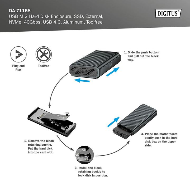 Immagine prodotto Digitus Alloggiamento per disco rigido USB M.2, SDD, esterno, NVMe, 40Gbps, USB 4.0, alluminio, senza attrez (M.2 2280, M.2 2230, M.2 2260, M.2 2242)