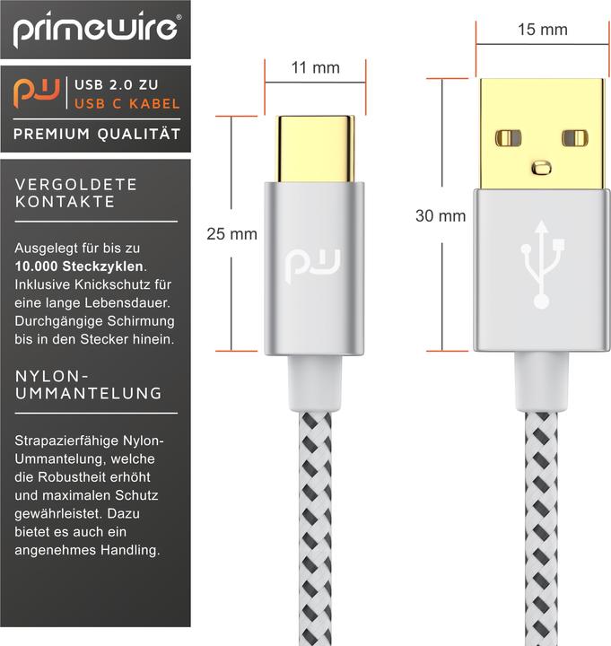 Produktbild Primewire USB-C 3.1 Kabel - Typ C zu Typ A Datenkabel, Ladekabel - Nylonmantel - bidirektional - Geschirmt (2 m, USB 2.0)