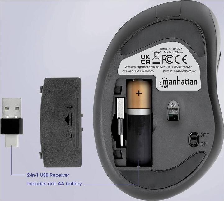 Produktbild Manhattan Ergonomische Wireless Maus mit 2-in-1 USB-Empfänger (Kabellos)