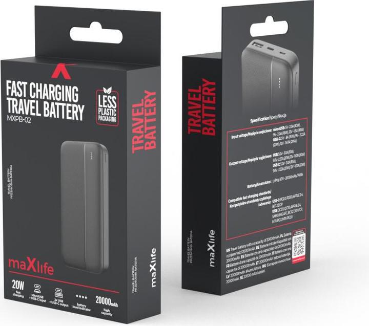 Produktbild Maxlife Powerbank MXPB-02 PD QC 20W 20000 mAh schwarz (20000 mAh, 20 W)