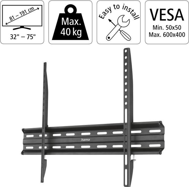 Produktbild Hama TV-Wandhalterung, starr, 191 cm (75") bis 40 kg, Wandabstand 2,3 cm (Wand, 75", 40 kg)