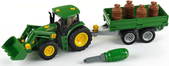 Theo Klein John Deere tractor set with wooden and hay wagon