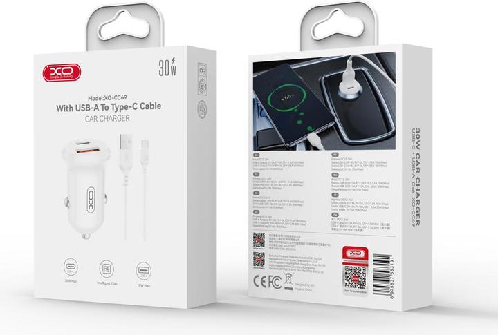 Produktbild xO car charger CC69 PD 30W QC 1x USB 1x USB-C white + cable USB - USB-C