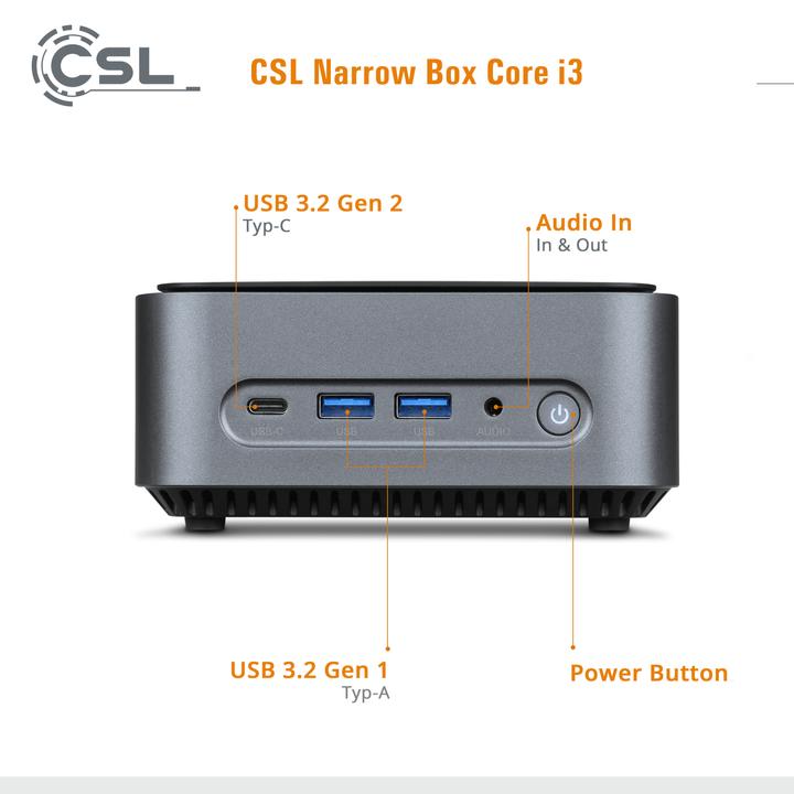 Immagine prodotto CSL Mini PC Narrow Box Core i3 / 32GB / 1000 GB M.2 SSD / Win 11 Home (Intel Core i3-N305, 32 GB, 1000 GB, Grafica Intel UHD)