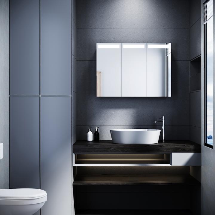 Produktbild SONNI LED-beleuchteter Spiegelschrank, 90 x 65 cm, 3 Türen Edelstahl, Badezimmerspiegelschrank mit S