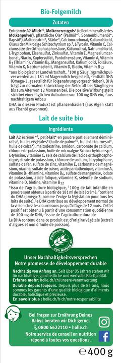 Nutritional values and ingredients Holle A2 Folgemilch (400 g, from 6 m.)