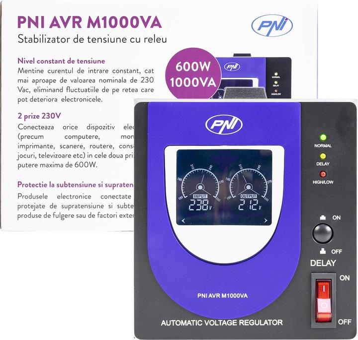 Produktbild PNI Spannungsstabilisator mit Relais AVR M1000VA, 2,7A, 600W, 1000VA (1000 VA, 600 W, Online-Doppelwandler USV)