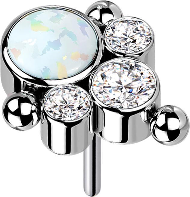 Star Piercing Threadless silber drei Kugeln drei Kristalle silber Opal weiss (Titan G23, ohne Messing)