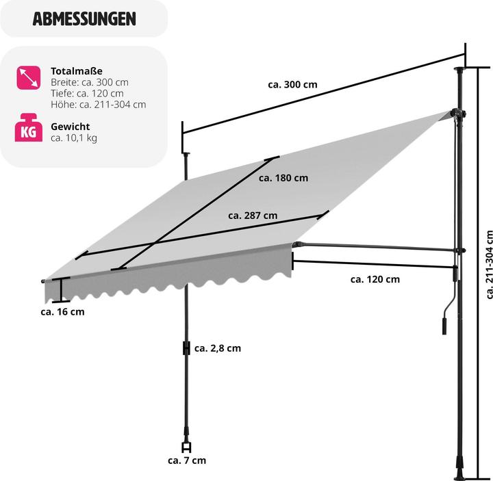 Produktbild tectake Klemmmarkise mit Handkurbel, höhenverstellbar (3 m)