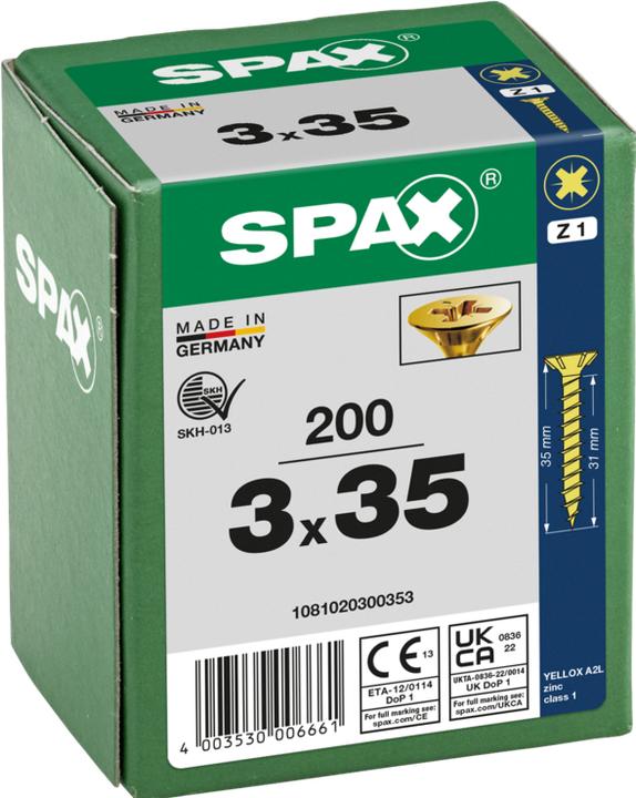 Actual product image Spax Screw R 88094 Countersunk head w.point/cross recess -PZ 3 x 35/31-Z Steel galvanised yellow (200 Screws per piece)