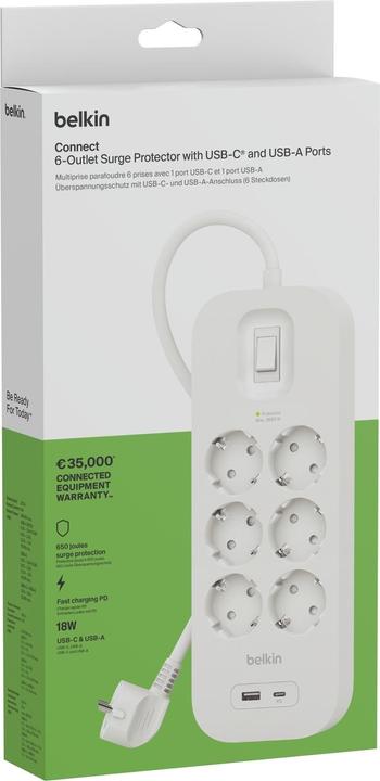 Actual product image Belkin Multiple socket outlet 6-way + USB-A+C,650J,18W,2m SRB002vf2MV2 (6 x, USB-C, USB-A, 2 m)