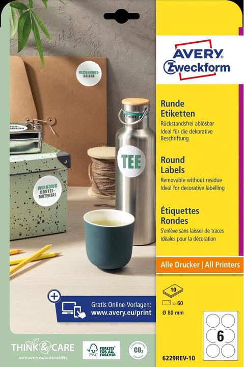 Image du produit Avery Etiquettes d'identification Zweckform, Diamètre : 80 mm blanches, rondes, réutilisables, papier
