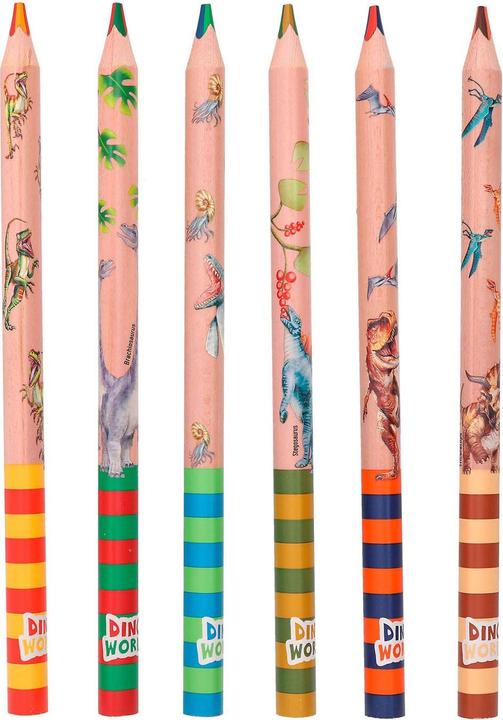 Produktbild Magni Depesche 12100 Dino World-Multicolor Buntstifte Set in Holz-Optik und Dinomotiven, 6 Dicke Stifte in (Mehrfarbig, 6 x)