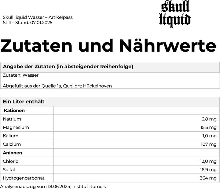 Nährwerte und Zutaten Skull Liquid - Wasser Still (12 x 568ml Dose) (12 x 56.8 cl)