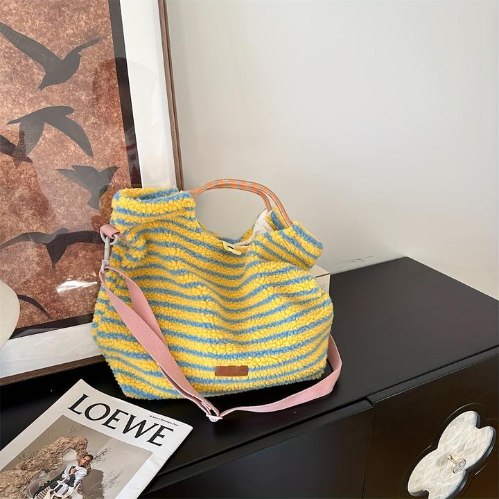 Only-Bags.Store Schicke gestreifte Plüsch-Tasche - vielseitige modische Schulter- und Umhängetasche mit abnehmbarem