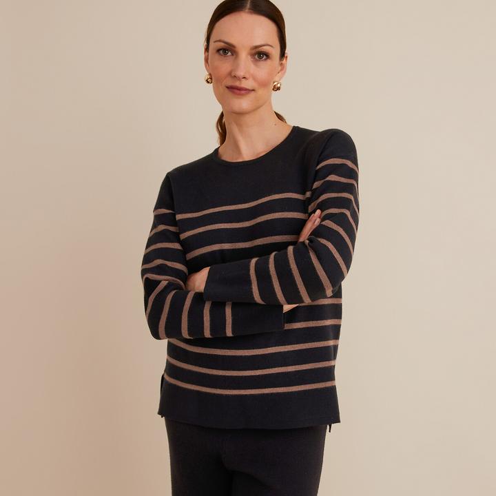 Anne Weyburn Gestreifter Feinstrickpullover mit rundem Ausschnitt