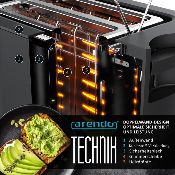 Produktbild Arendo Toaster Edelstahl 2 Scheiben Kurzschlitz, Doppelwand, Brötchenaufsatz, Display mit Restzeitanzeige