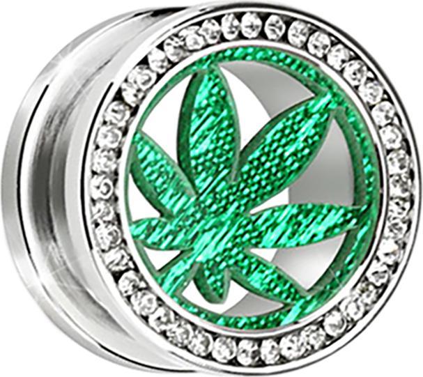 Star Piercing Flesh Tunnel silber mit Kristall silber und grünem Hanfblatt (ohne Messing, Chirurgenstahl 316L)