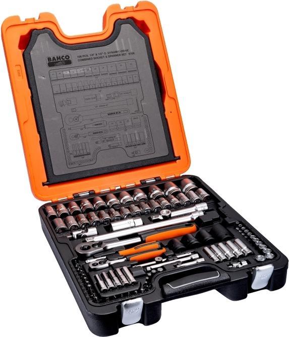 Produktbild Bahco 1/4"- und 1/2"-Steckschlüssel-Satz inklusive Ring-Maulschlüsseln/Schraubendreher-Einsätzen - 108-