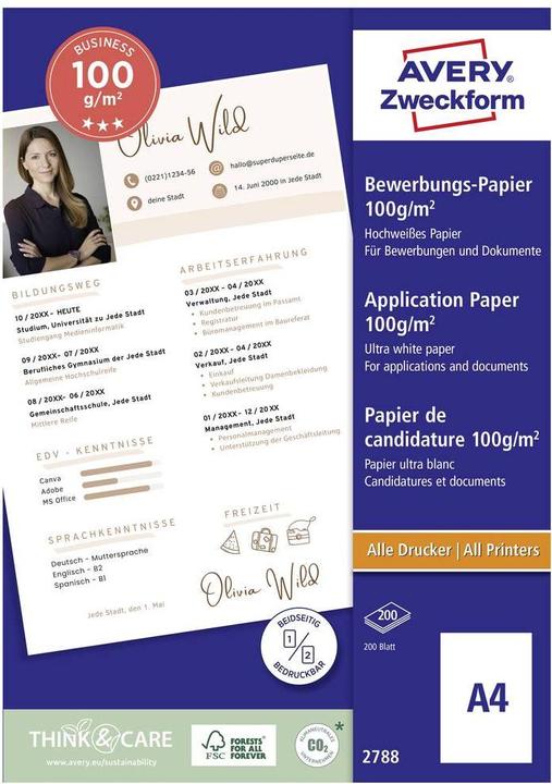 Avery Inkjet-Bewerbungspapier, 200 Blatt (100 g/m², 200 x, A4)