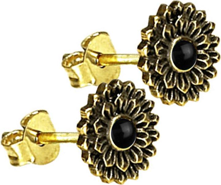 Star Piercing Ohrstecker vergoldet Lotus Blume Onyx Stein (Mineralisch, Messing)
