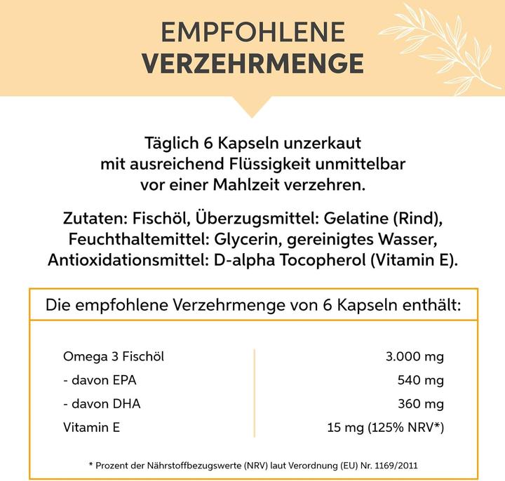 Nährwerte und Zutaten Eltabia Omega 3 Kapseln 500mg Fischöl hochdosiert 3000mg Tagesdosis mit 18% EPA & 12% DHA (100 Stück, Kapseln)