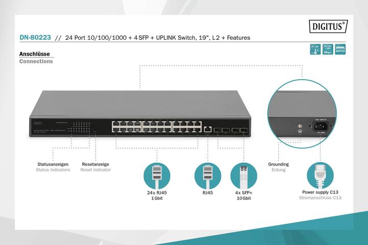 Actual product image Digitus 24 Port 10/100/1000 + 4SFP+ UPLINK Switch, 19", L2+ Features (24 Ports)