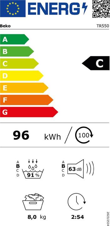 Label énergétique Beko Sèche-linge TR550 Droite/Interchangeable (8 kg, Modifiable, Droite)