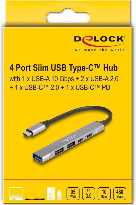 Produktbild Delock 4 Port Slim USB Type-C™ Hub mit 1 x USB 10 Gbps Typ-A + 2 x USB 2.0 Typ-A + 1 x USB 2.0 USB Type-C™ (USB-C, 4 Ports)