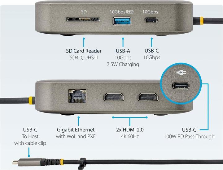 Produktbild StarTech com USB C Multiport Adapter, Dual HDMI Video, 4K 60Hz, 2-Port 10Gbps USB 3.1 Hub, 100W USB (USB-A, 2 Ports)