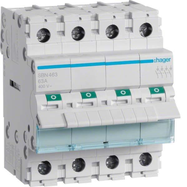 Hager SBN463. Nennstrom: 63 A, Spulenspannung (max): 440 V. Module Menge (max): 4 Modul(e), Internationale